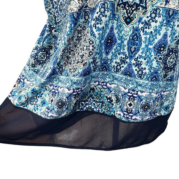 Roz & Ali X-Large Top Geometric Stretch Hi-Low Hem V-Neck Dolman Cap Sleeve Blue - Picture 3 of 9